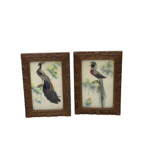Pair Of Vintage Feather Art Bird Paintings In Carved Wooden Frames